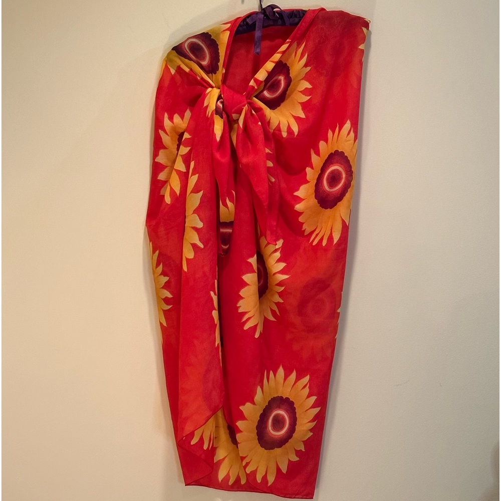 🌟HP🌟VTG 2000s Red & Yellow Chiffonish Sunflower Swimsuit Sarong Wrap Cover Up